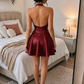 Vintage Burgundy Satin Halter V‑Neck A‑Line Homecoming Dress DP8837