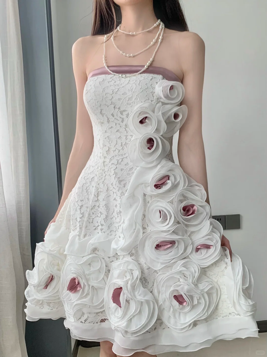 Vintage 3D Flowers Applique Strapless Design A-Line Short Homecoming Dress Party Dress DP6218