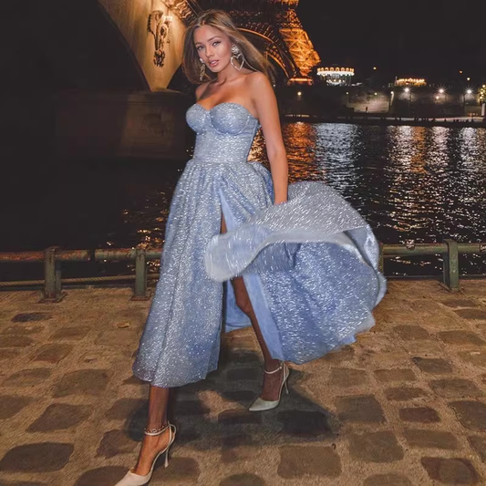 Elegant Strapless Sweetheart Ice Blue Glitter Evening Gown Prom Dress with High Slit DP8141