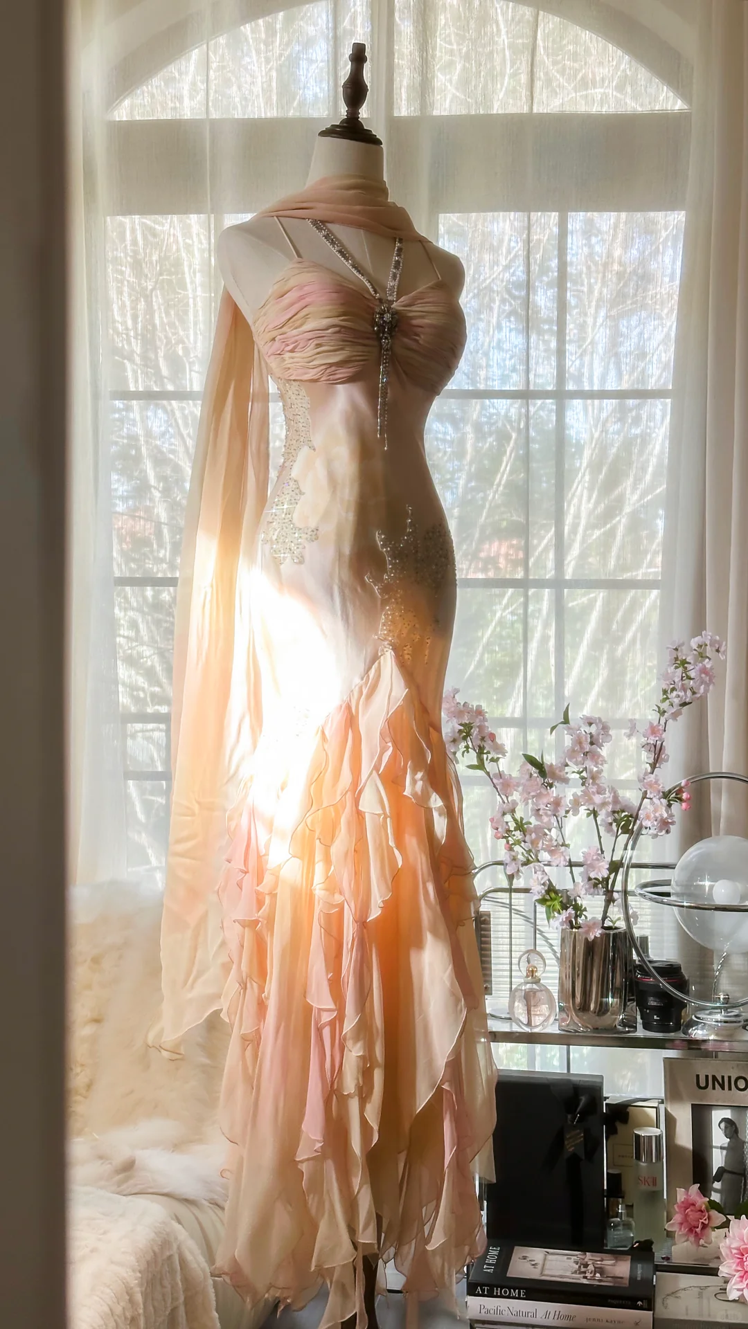 Vintage Mermaid Beaded Floral Design Romantic Chiffon Evening Dress Prom Dress DP6019