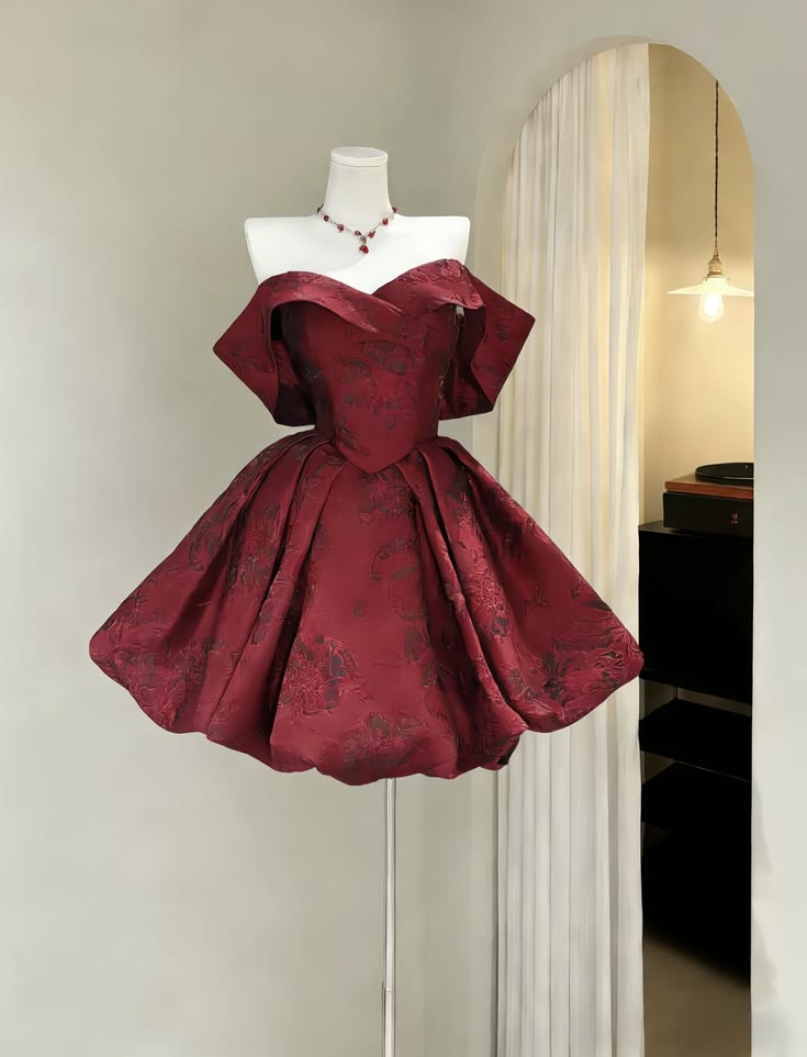 Vintage Burgundy Jacquard Off-the-Shoulder Mini A-Line Homecoming Dress DP8548