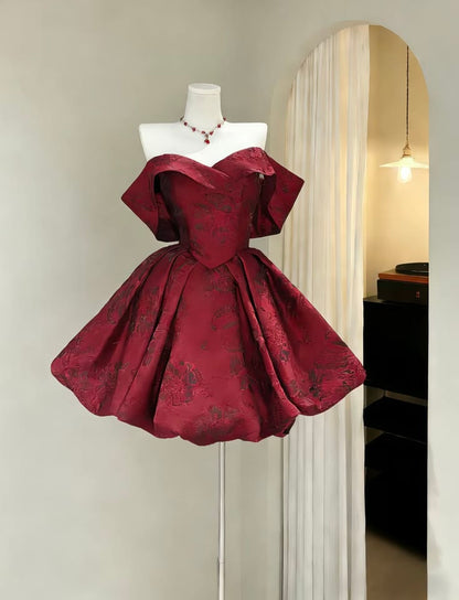 Vintage Burgundy Jacquard Off-the-Shoulder Mini A-Line Homecoming Dress DP8548