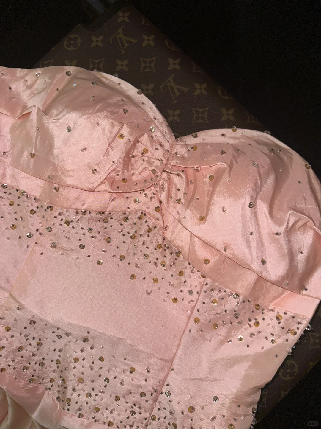 Romantic Blush Satin Sweetheart Ruffled Strapless Beaded Evening Gown DP7297