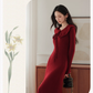 Robe de bal fourreau bordeaux vintage, robe de soirée à manches longues, robe longue en tricot, DP6701