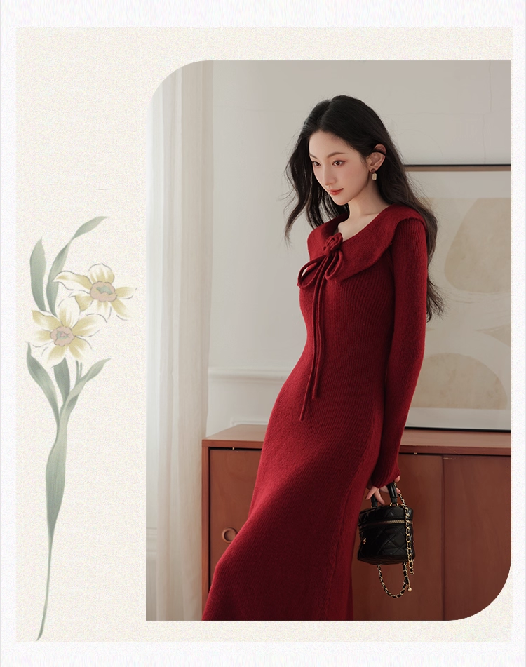 Robe de bal fourreau bordeaux vintage, robe de soirée à manches longues, robe longue en tricot, DP6701