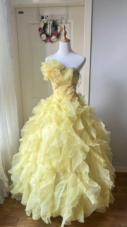 Vintage Soft Yellow Organza 3D Flower Ruffle Beaded Sweet 16 Quinceanera Ball Gown DP7363