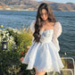 Lovely Light Blue Square Neck Puff Sleeve Homecoming Dress Tiered Tulle Mini Party Gown DP8261