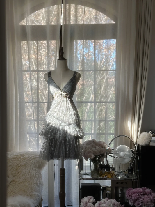 Retro Silvery V-neck Gorgeous Sparkling Chiffon Tiered Evening Dress Prom Dress, DP5978
