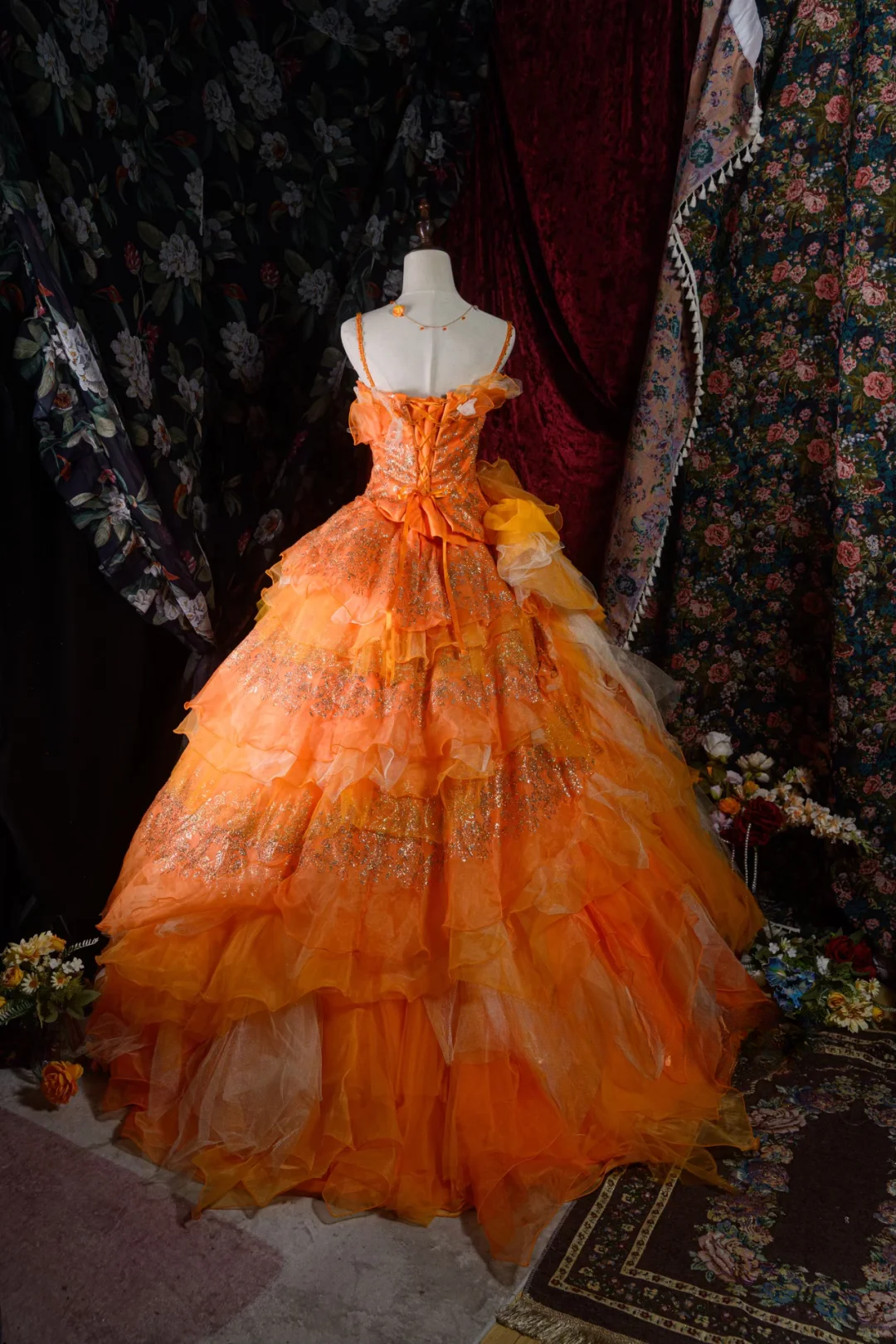 Elegant Orange Detachable Ruffled Tiered Beaded Sweet 16 Quinceanera Ball Gown DP7412