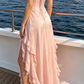 Elegant Pink Satin Cowl Neck Lace Up Back Ruffled Spaghetti Strap High Slit Formal Evening Gown DP8468