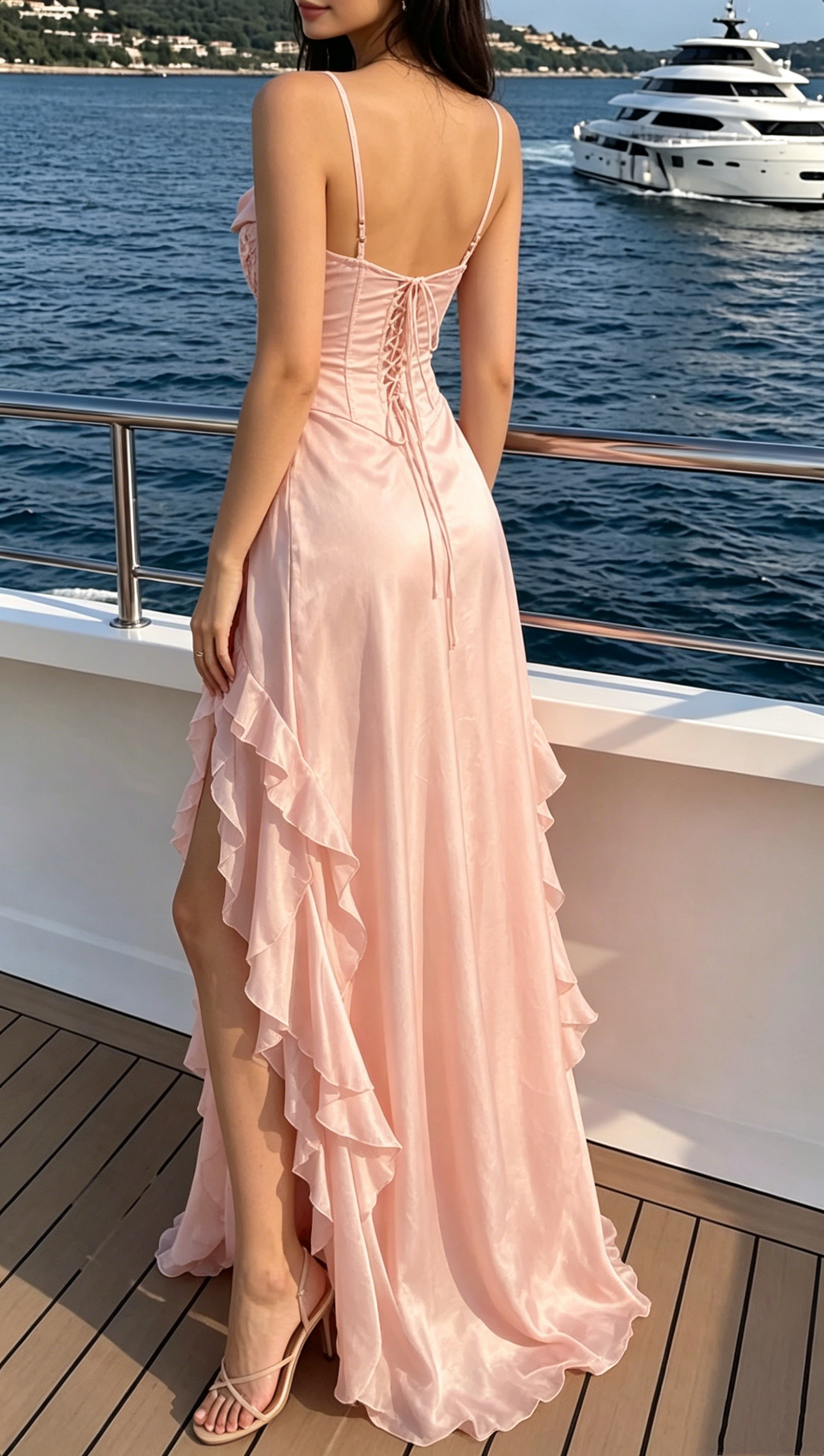 Elegant Pink Satin Cowl Neck Lace Up Back Ruffled Spaghetti Strap High Slit Formal Evening Gown DP8468