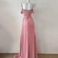 Glamorous Pink Satin Mermaid Prom Dress Off-the-Shoulder Spaghetti Strap Ruched Split Formal Evening Gown with Train DP8248