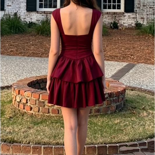 Cute Burgundy Square Neck Cap Sleeve Tiered  A-Line Homecoming Dress DP8512