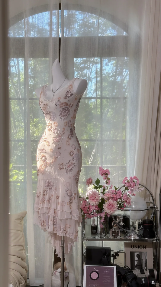 Vintage Chiffon Glänzende Pailletten Blumen Meerjungfrau Ballkleid Abendkleid DP6360