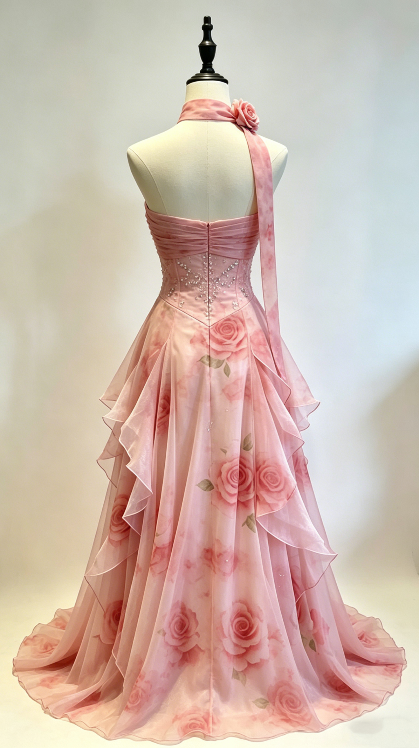 Glamorous A-Line Pink Chiffon Formal Dress Floral Beaded Prom Dress DP8256