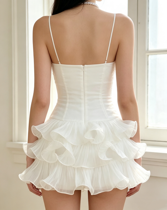 Vintage White Spaghetti Strap Lace Corset Tiered Ruffle Chiffon A-Line Homecoming Dress DP8678