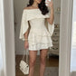 Elegant Cape Sleeve Tiered Satin Off‑White Boat Neck Homecoming Dress DP8834