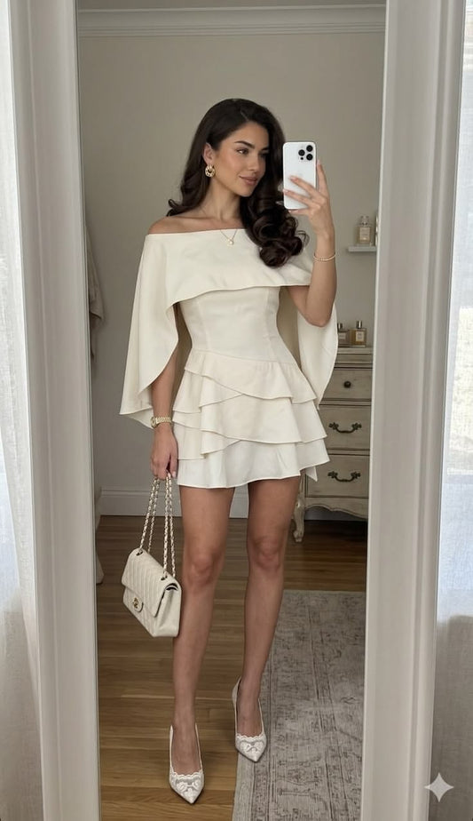 Elegant Cape Sleeve Tiered Satin Off‑White Boat Neck Homecoming Dress DP8834