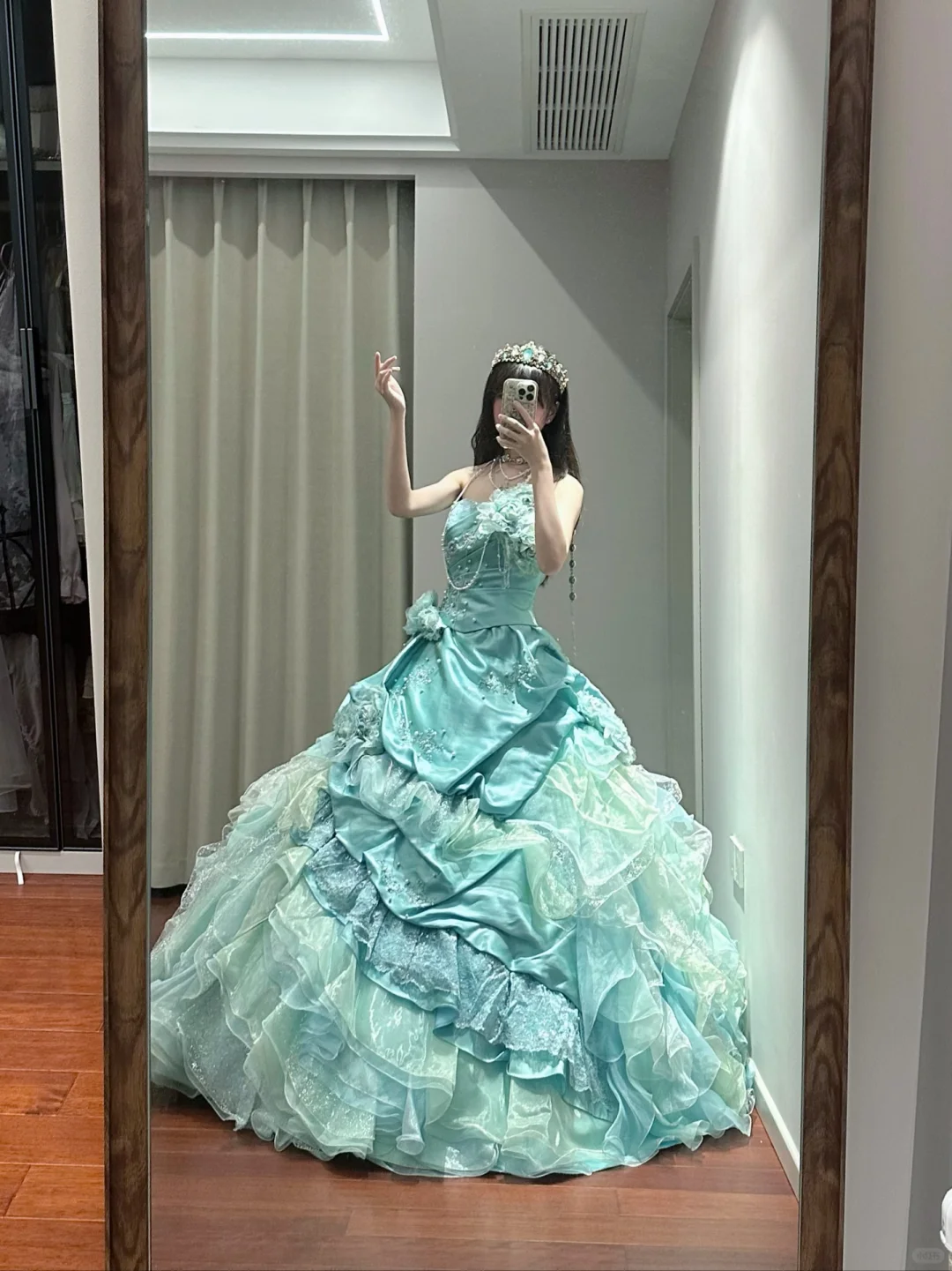 Glamorous Mint Green Tiered 3D Floral Strapless Princess Sweet 16 Quinceanera Ball Gown DP7545