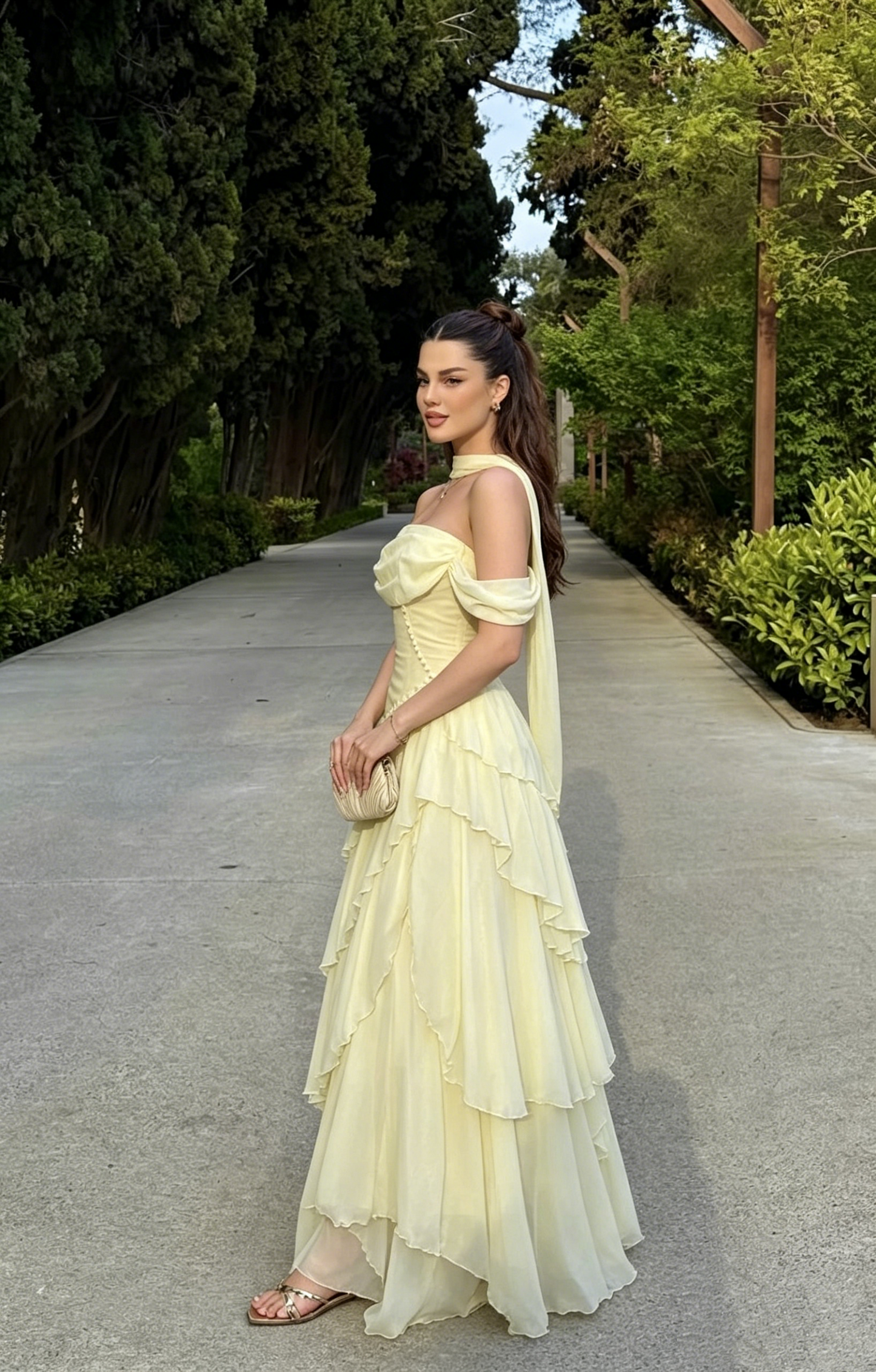 Elegant Yellow Off-the-Shoulder A-Line Chiffon Tiered Ruffle Floor Length Prom Dress DP8573