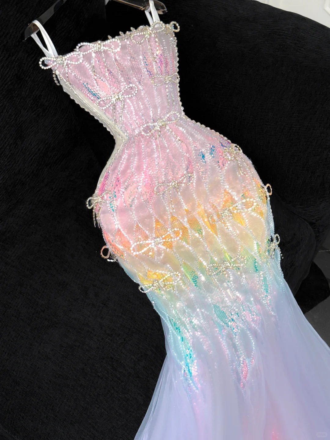 Chic Pastel Rainbow Ombre Sequin Mermaid Detachable Spaghetti Strap Beaded Formal Evening Gown DP7350