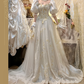 Robe de mariée vintage DP7255, broderies dorées et dentelle complexe, épaules dénudées, manches bouffantes