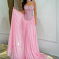 Elegant Pink Rhinestone Embellished Square Neck Corset Bodice Chiffon Formal Evening Gown DP8191