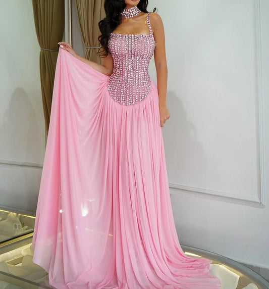 Elegant Pink Rhinestone Embellished Square Neck Corset Bodice Chiffon Formal Evening Gown DP8191
