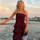 Vintage White Ruched Ruffle Maxi Evening Dress Romantic Tiered Spaghetti Strap Party Dress DP1687