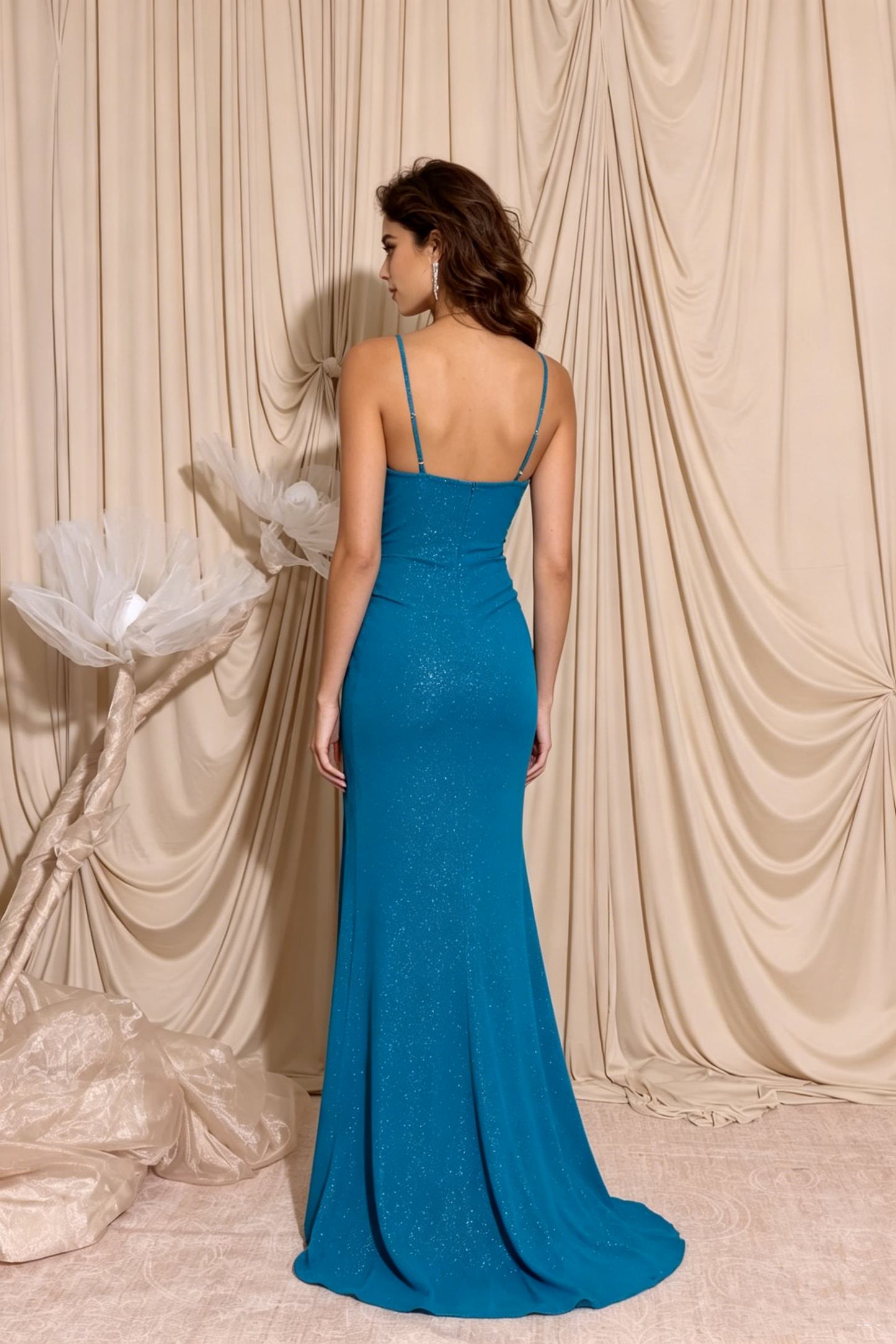Elegant Sparkly Teal Spaghetti Strap Mermaid High Slit Evening Dress DP8529