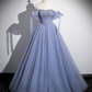 Robe de soirée trapèze en tulle bleu poudré vintage, longueur au sol, avec perles, pour les 16 ans, DP6915