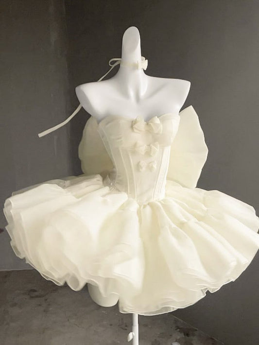 New Fashion Bow Design Sleeveless Strapless Mini Party Dress Cream White Homecoming Dress, DP5818