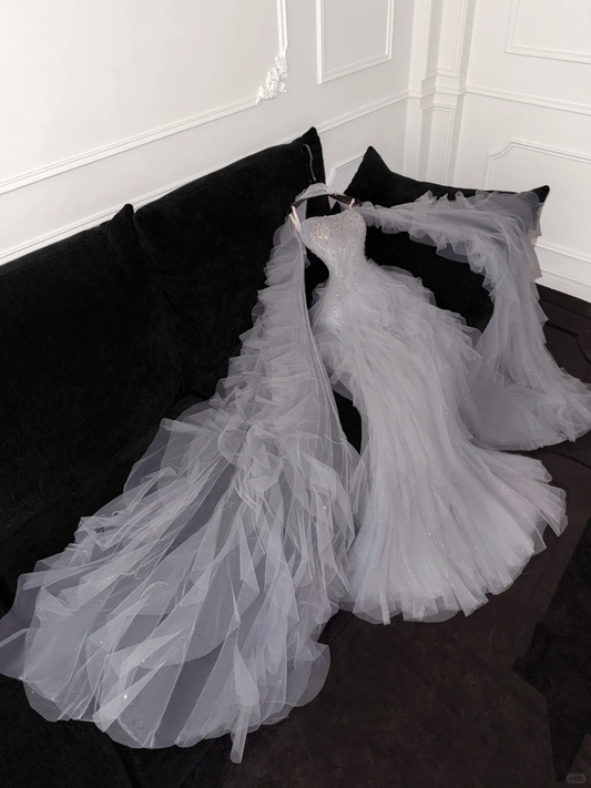 Fashion Sparkling White Beaded Sequin Mermaid Elegant Tulle Evening Dress Prom Dresses DP6164