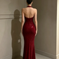 Sparkly Burgundy Halter Neck Mermaid Sleeveless Backless Glitter Long Evening Dress DP2922