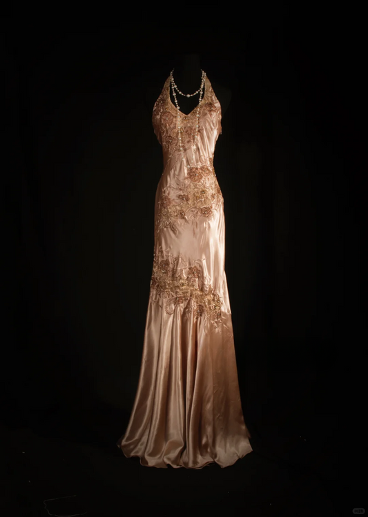Glamorous Champagne Satin Halter-Neck Floral Embroidery Beaded Evening Gown DP7384