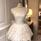 Vintage White Lace Bowknot Design Spaghetti Strap A-Line Homecoming Dress Party Dress Cocktail Dress DP6702