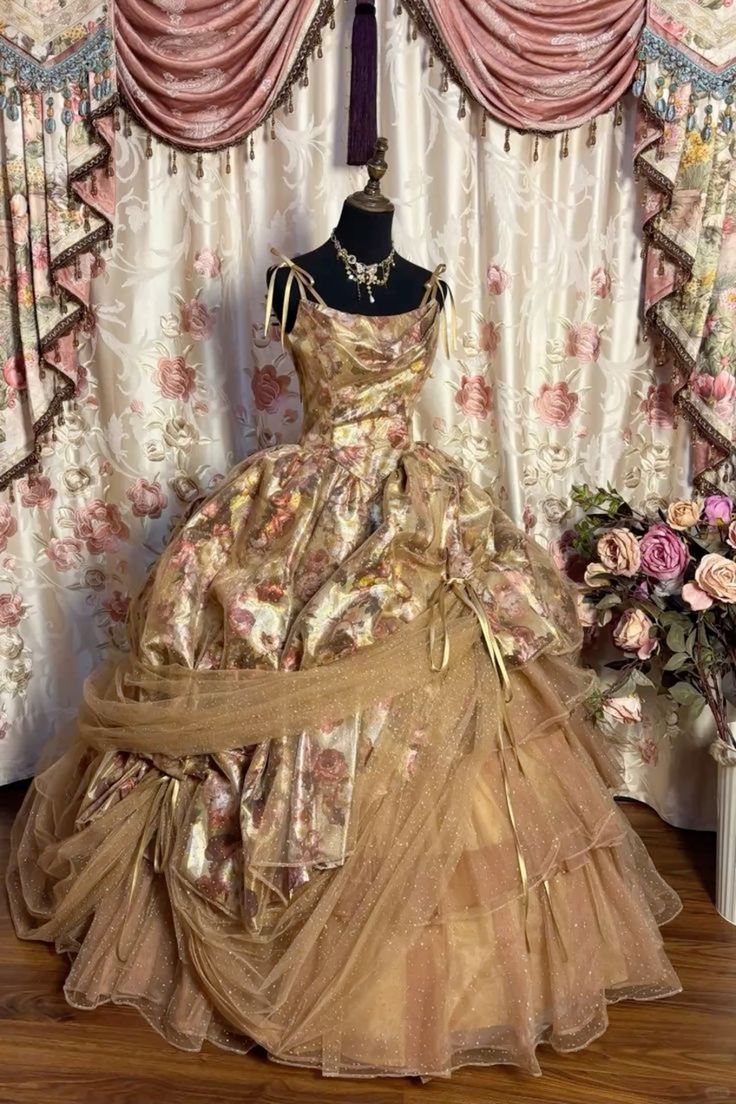 Vintage-Inspired Floral Print Spaghetti Strap Ruffled Tiered Quinceanera Sweet 16 Ball Gown DP7172