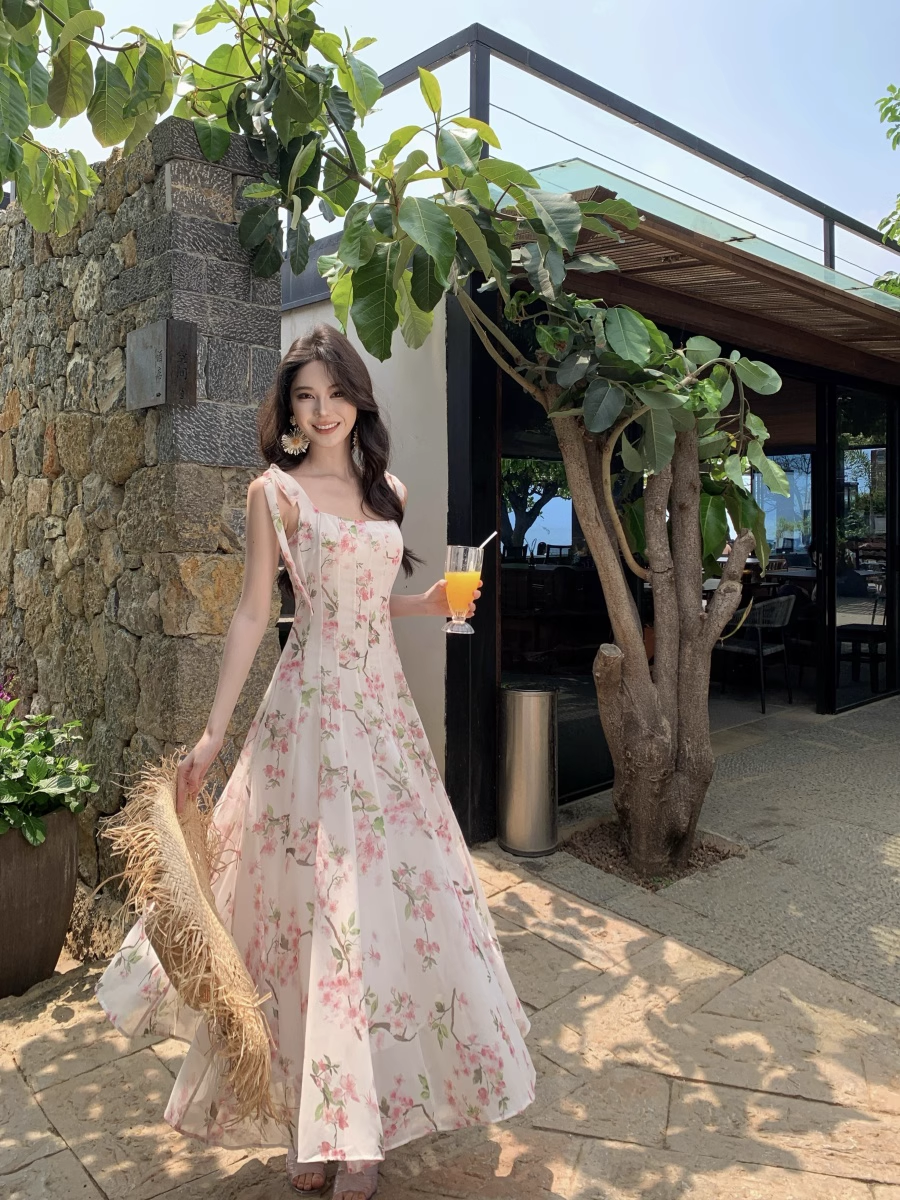 Simple Fashion Pink Floral Design A-line Beach Holiday Spaghetti Strap Dress, DP5939