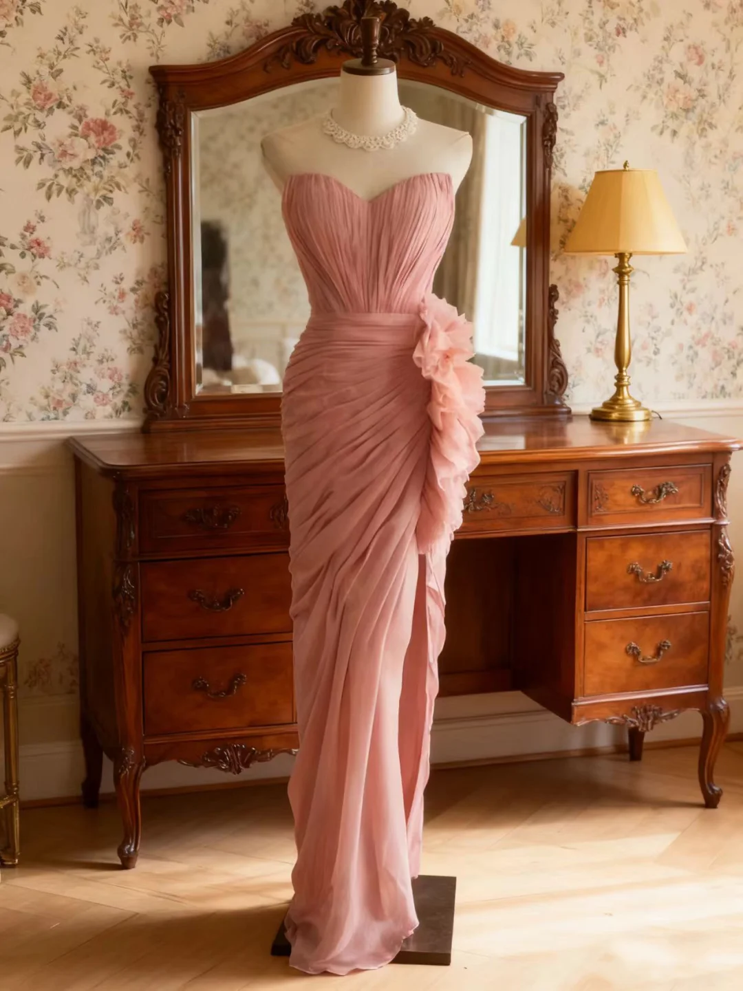 Glamorous Pink Strapless Sweetheart Ruched Ruffled Prom Dress DP7660