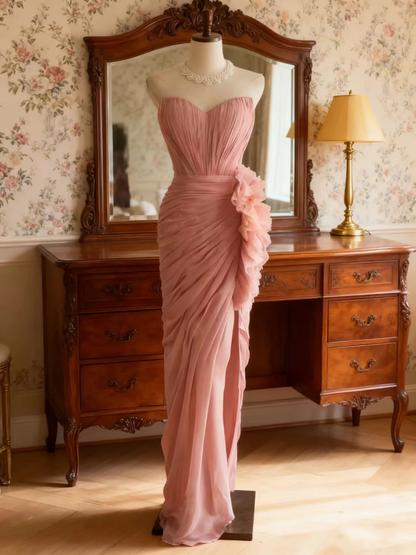 Glamorous Pink Strapless Sweetheart Ruched Ruffled Prom Dress DP7660