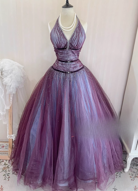 Elegantes lavendelfarbenes Ombré-Ballkleid aus Tüll mit Neckholder und Perlenbesatz für Sweet 16 Quinceañera DP7769