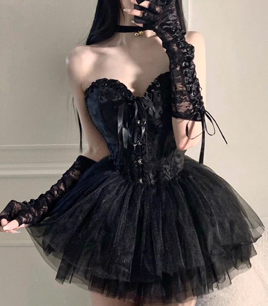 Gothic Lace Spaghetti Strap A-Line Sweetheart Short Lace-up Halloween Costume DP6815