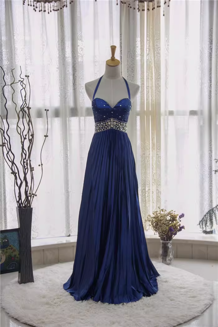 Vintage Navy Blue Halter-Neck Evening Gown Beaded Bodice Pleated Satin Floor-Length Prom Dress DP7608