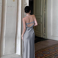 Enchanting Silvery Strapless Satin Mermaid Long Prom Dress Evening Dress DP6409