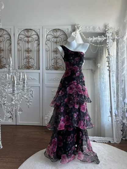 Vintage Floral Print One-Shoulder Tiered Chiffon Evening Gown DP8292