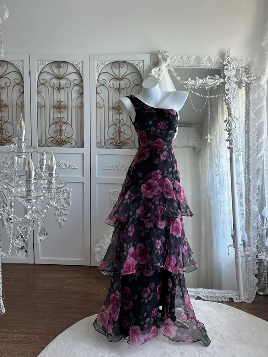 Vintage Floral Print One-Shoulder Tiered Chiffon Evening Gown DP8292