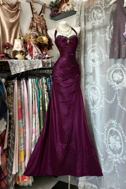 Vintage Satin Halter- Neck Sweetheart Evening Gown Beaded Ruched Mermaid Prom Dress DP7764