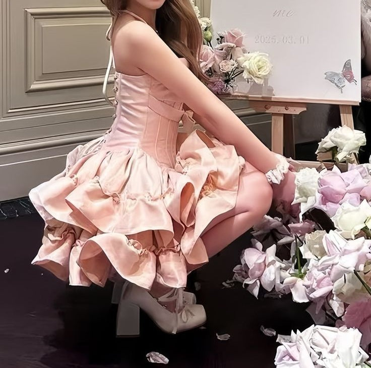 Cute Pink Tiered Ruffle A-Line Halter-Neck Homecoming Dress DP8503