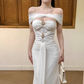 Wunderschönes elfenbeinfarbenes, schulterfreies, herzförmiges, perlenbesetztes Meerjungfrau-Abschlussballkleid mit Applikationen, langem Abendkleid DP6401