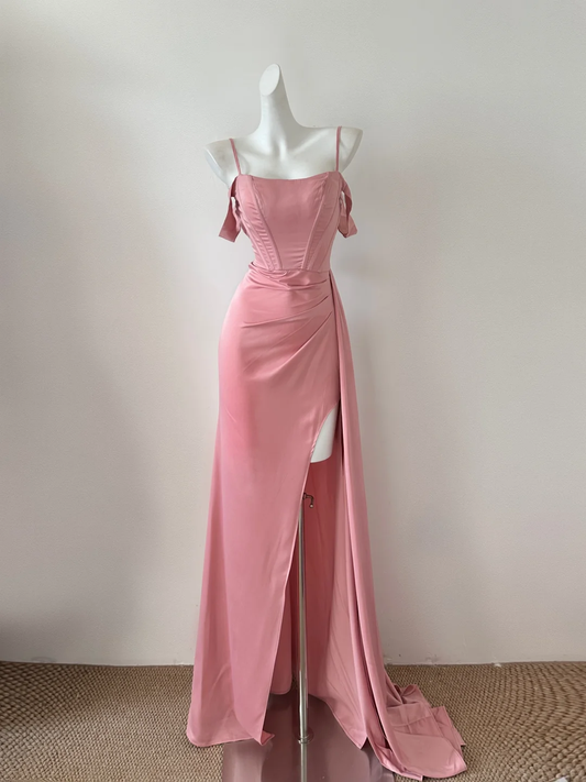 Glamorous Pink Satin Mermaid Prom Dress Off-the-Shoulder Spaghetti Strap Ruched Split Formal Evening Gown with Train DP8248